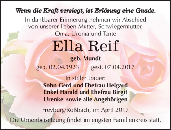 Traueranzeige von Ella Reif von Mitteldeutsche Zeitung Merseburg/Querfurt