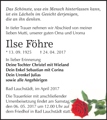 Traueranzeige von Ilse Föhre von WVG - Wochenspiegel Merseburg
