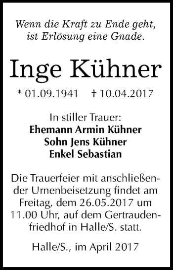 Traueranzeige von Inge Kühner von Mitteldeutsche Zeitung Halle/Saalkreis