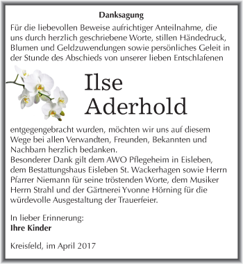 Traueranzeige von Ilse Aderhold von Mitteldeutsche Zeitung Mansfelder Land