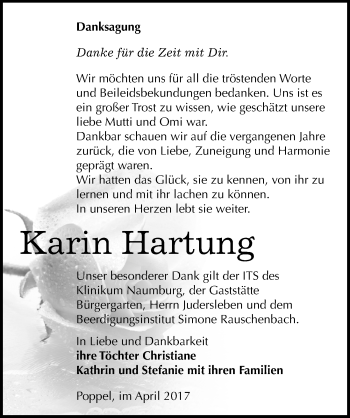 Traueranzeige von Karin Hartung von Mitteldeutsche Zeitung Naumburg/Nebra