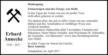 Traueranzeige von Erhard Annecke von Super Sonntag Aschersleben