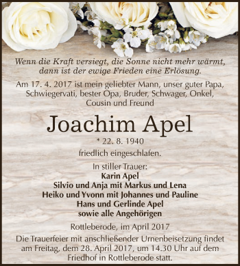 Traueranzeige von Joachim Apel von Super Sonntag SGH Mansf. Land