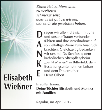 Traueranzeige von Elisabeth Wießner von Mitteldeutsche Zeitung Bitterfeld