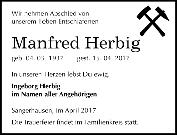 Traueranzeige von Manfred Herbig von Mitteldeutsche Zeitung Sangerhausen