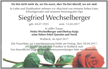 Traueranzeige von Siegfried Wechselberger von Mitteldeutsche Zeitung Mansfelder Land