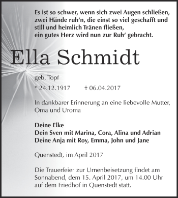 Traueranzeige von Ella Schmidt von Wochenspiegel Mansfelder Land