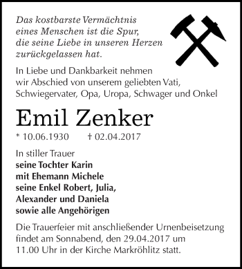 Traueranzeige von Emil Zenker von WVG - Wochenspiegel NMB / WSF / ZTZ