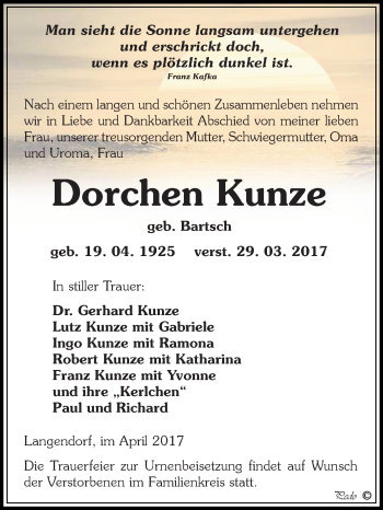 Traueranzeige von Dorchen Kunze von WVG - Wochenspiegel NMB / WSF / ZTZ