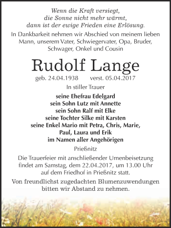 Traueranzeige von Rudolf Lange von WVG - Wochenspiegel NMB / WSF / ZTZ