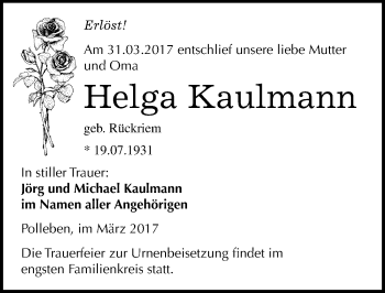 Traueranzeige von Helga Kaulmann von Mitteldeutsche Zeitung Mansfelder Land