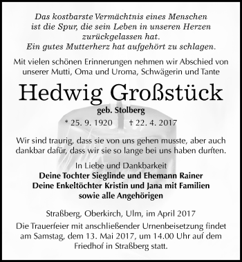 Traueranzeige von Hedwig Großstück von Mitteldeutsche Zeitung Quedlinburg