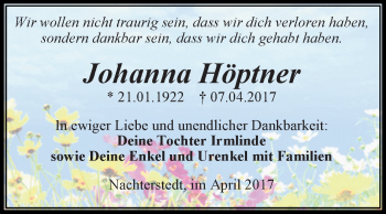 Traueranzeige von Johanna Höptner von Super Sonntag Aschersleben