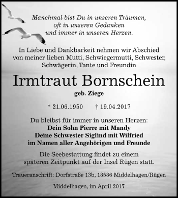 Traueranzeige von Irmtraut Bornschein von WVG - Wochenspiegel Merseburg