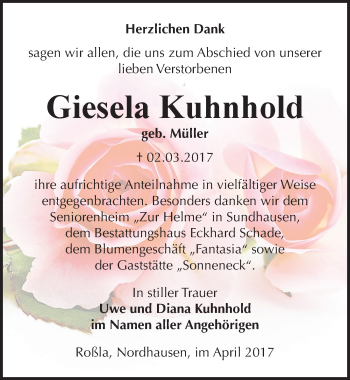 Traueranzeige von Giesela Kuhnhold von Mitteldeutsche Zeitung Sangerhausen