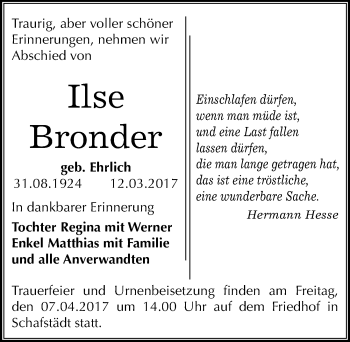 Traueranzeige von Ilse Bronder von Mitteldeutsche Zeitung Merseburg/Querfurt