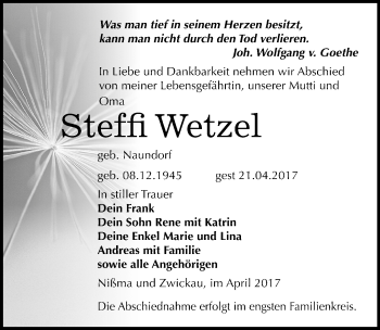 Traueranzeige von Steffi Wetzel von Mitteldeutsche Zeitung Zeitz
