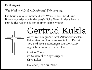 Traueranzeige von Gertrud Kukla von Mitteldeutsche Zeitung Halle/Saalkreis