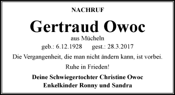 Traueranzeige von Gertraud Owoc von Mitteldeutsche Zeitung Merseburg/Querfurt