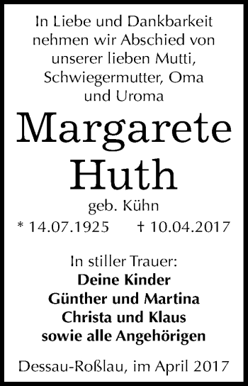 Traueranzeige von Margarete Huth von Mitteldeutsche Zeitung Dessau-Roßlau