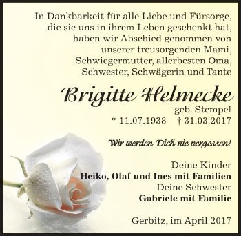 Traueranzeige von Brigitte Helmecke von Mitteldeutsche Zeitung Bernburg
