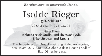 Traueranzeige von Isolde Rieger von Super Sonntag Halle