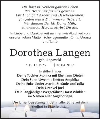 Traueranzeige von Dorothea Langen von Mitteldeutsche Zeitung Bitterfeld