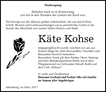 Traueranzeige von Käte Kohse von Mitteldeutsche Zeitung Merseburg/Querfurt