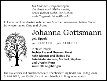 Traueranzeige von Johanna Gottsmann von Mitteldeutsche Zeitung Merseburg/Querfurt
