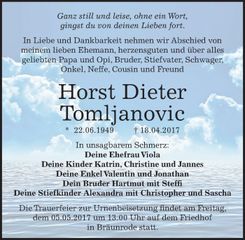 Traueranzeige von Horst Dieter Tomljanovic von Mitteldeutsche Zeitung Mansfelder Land