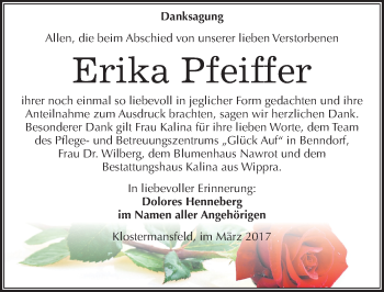 Traueranzeige von Erika Pfeiffer von Mitteldeutsche Zeitung Mansfelder Land