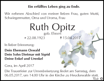 Traueranzeige von Ruth Opitz von Super Sonntag Zeitz