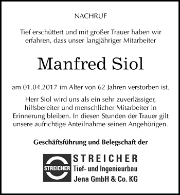 Traueranzeige von Manfred Siol von Mitteldeutsche Zeitung Halle/Saalkreis