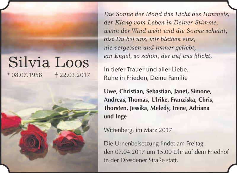  Traueranzeige für Silvia Loos vom 01.04.2017 aus Super Sonntag Wittenberg