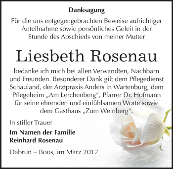 Traueranzeige von Liesbeth Rosenau von Mitteldeutsche Zeitung Wittenberg