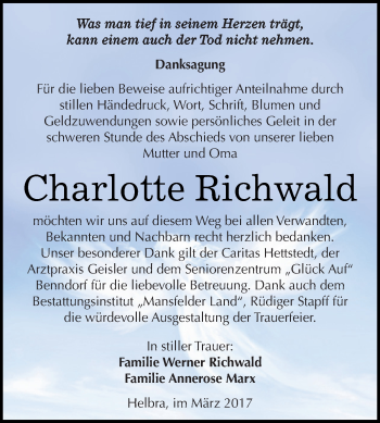 Traueranzeige von Charlotte Richwald von Super Sonntag SGH Mansf. Land