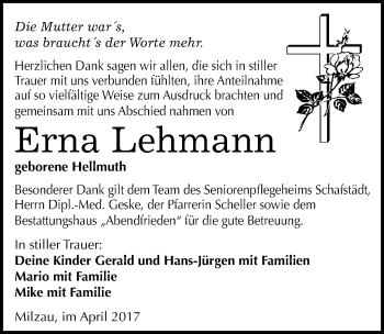 Traueranzeige von Erna Lehmann von Mitteldeutsche Zeitung Merseburg/Querfurt