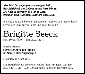 Traueranzeige von Brigitte Seeck von Mitteldeutsche Zeitung Naumburg/Nebra