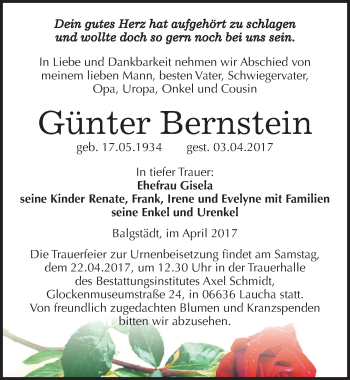 Traueranzeige von Günter Bernstein von Mitteldeutsche Zeitung Naumburg/Nebra