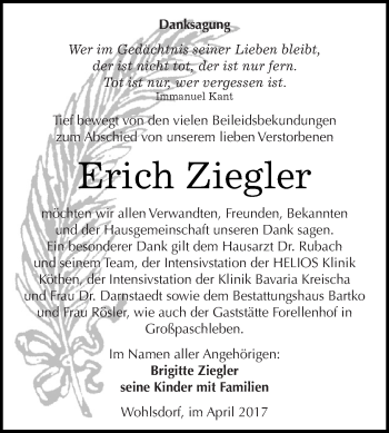 Traueranzeige von Erich Ziegler von Super Sonntag Bernburg