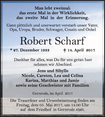 Traueranzeige von Robert Scharf von WVG - Wochenspiegel Quedlinburg