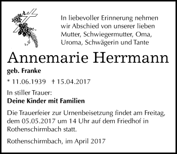 Traueranzeige von Annemarie Herrmann von Mitteldeutsche Zeitung Mansfelder Land