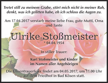 Traueranzeige von Ulrike Stoßmeister von WVG - Wochenspiegel NMB / WSF / ZTZ