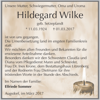Traueranzeige von Hildegard Wilke von Super Sonntag SGH Mansf. Land
