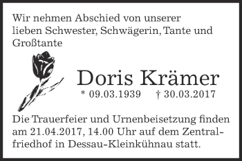 Traueranzeige von Doris Krämer von WVG - Wochenspiegel Dessau / Köthen