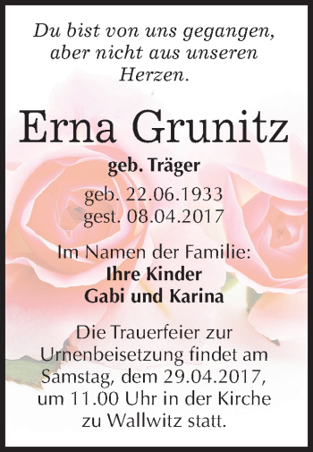 Traueranzeige von Erna Grunitz von Mitteldeutsche Zeitung Halle/Saalkreis