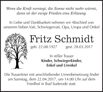 Traueranzeige von Fritz Schmidt von Super Sonntag Quedlinburg
