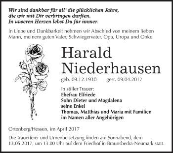 Traueranzeige von Harald Niederhausen von WVG - Wochenspiegel Merseburg
