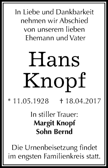 Traueranzeige von Hans Knopf von Mitteldeutsche Zeitung Halle/Saalkreis