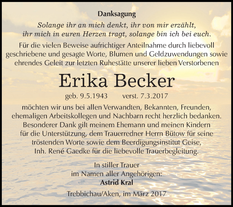  Traueranzeige für Erika Becker vom 01.04.2017 aus WVG - Wochenspiegel Dessau / Köthen